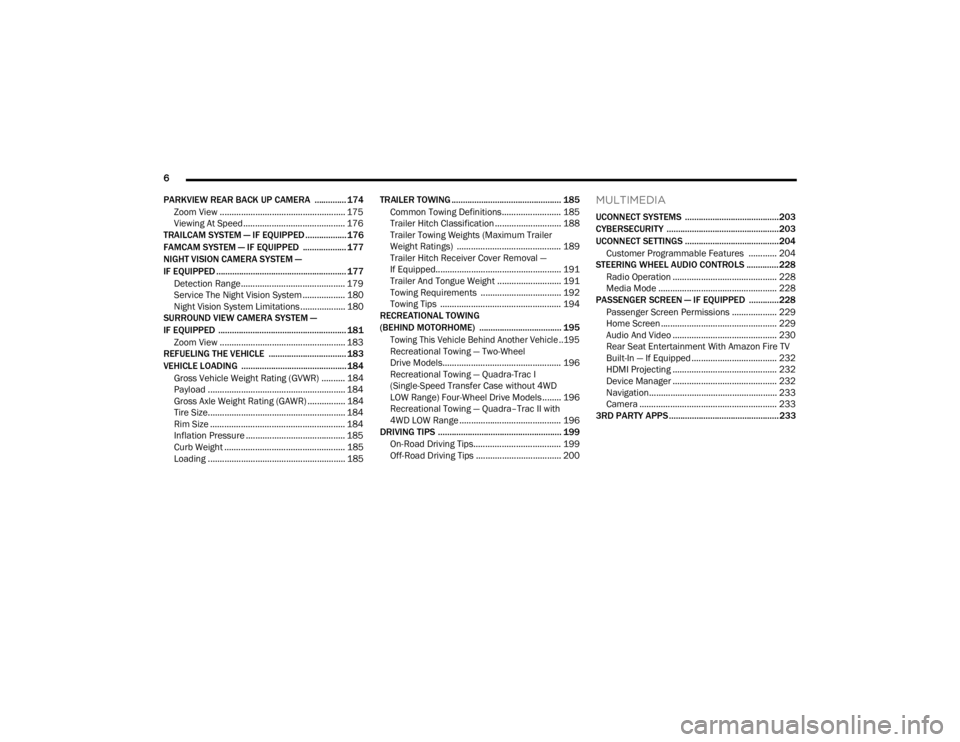 JEEP GRAND CHEROKEE 2023  Owners Manual 
6 
PARKVIEW REAR BACK UP CAMERA  .............. 174 Zoom View ..................................................... 175
Viewing At Speed ........................................... 176
TRAILCAM SYSTE
