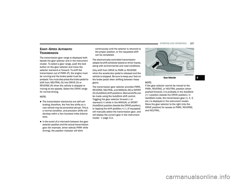 JEEP GRAND CHEROKEE TRAILHAWK 2020  Owners Manual 4

21_WK_OM_EN_USC_t.book  Page 107   