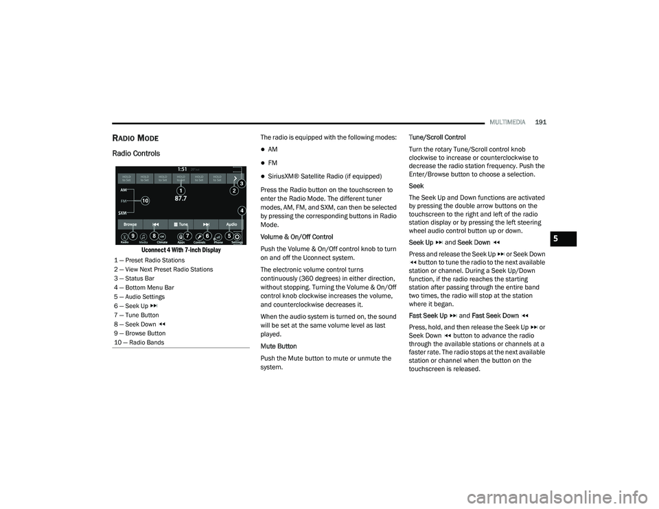 JEEP GRAND CHEROKEE TRAILHAWK 2020  Owners Manual 5

21_WK_OM_EN_USC_t.book  Page 191   