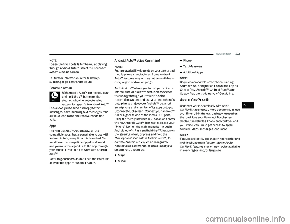 JEEP GRAND CHEROKEE TRAILHAWK 2020  Owners Manual 5

21_WK_OM_EN_USC_t.book  Page 215   