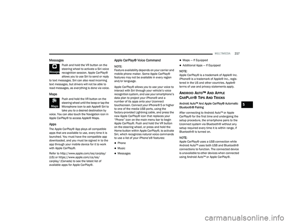 JEEP GRAND CHEROKEE TRAILHAWK 2020  Owners Manual 5

21_WK_OM_EN_USC_t.book  Page 217   