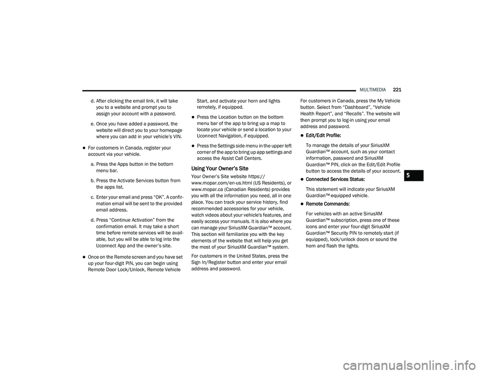 JEEP GRAND CHEROKEE TRAILHAWK 2020  Owners Manual 5

21_WK_OM_EN_USC_t.book  Page 221   