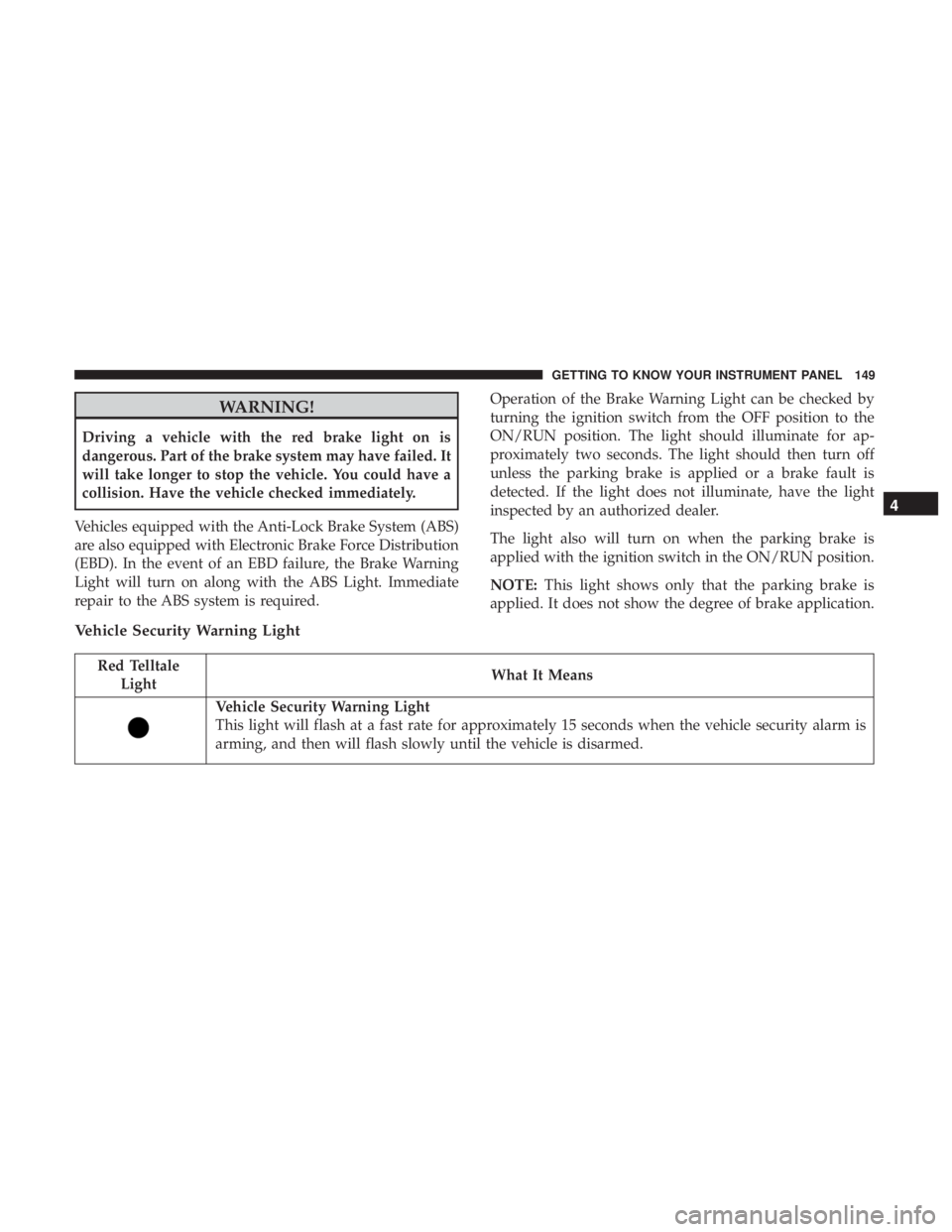 JEEP GRAND CHEROKEE TRAILHAWK 2017 Owners Manual WARNING!
Driving a vehicle with the red brake light on is
dangerous. Part of the brake system may have failed. It
will take longer to stop the vehicle. You could have a
collision. Have the vehicle che JEEP GRAND CHEROKEE TRAILHAWK 2017 Owners Manual WARNING!
Driving a vehicle with the red brake light on is
dangerous. Part of the brake system may have failed. It
will take longer to stop the vehicle. You could have a
collision. Have the vehicle che