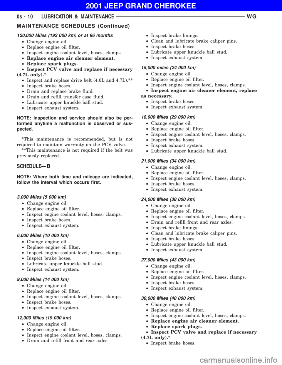 JEEP GRAND CHEROKEE 2001 User Guide MAINTENANCE SCHEDULES (Continued) JEEP GRAND CHEROKEE 2001 User Guide MAINTENANCE SCHEDULES (Continued)