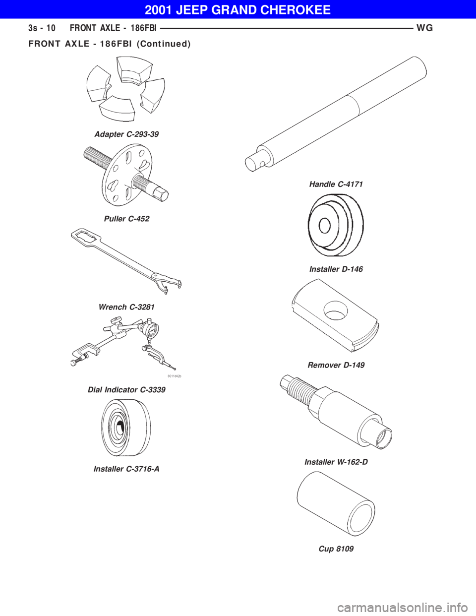 JEEP GRAND CHEROKEE 2001 Owners Manual Puller C-452
Wrench C-3281
Dial Indicator C-3339
Installer C-3716-A
Handle C-4171
Installer D-146
Remover D-149
Installer W-162-D
Cup 8109
3s - 10 FRONT AXLE - 186FBIWG
FRONT AXLE - 186FBI (Continued) JEEP GRAND CHEROKEE 2001 Owners Manual Puller C-452
Wrench C-3281
Dial Indicator C-3339
Installer C-3716-A
Handle C-4171
Installer D-146
Remover D-149
Installer W-162-D
Cup 8109
3s - 10 FRONT AXLE - 186FBIWG
FRONT AXLE - 186FBI (Continued)