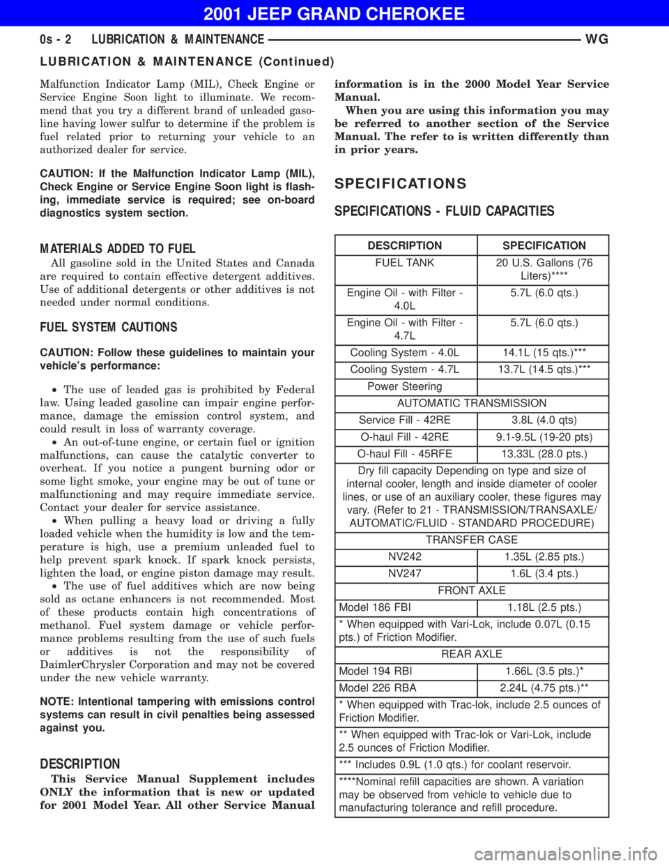 JEEP GRAND CHEROKEE 2001  Owners Manual LUBRICATION & MAINTENANCE (Continued) 