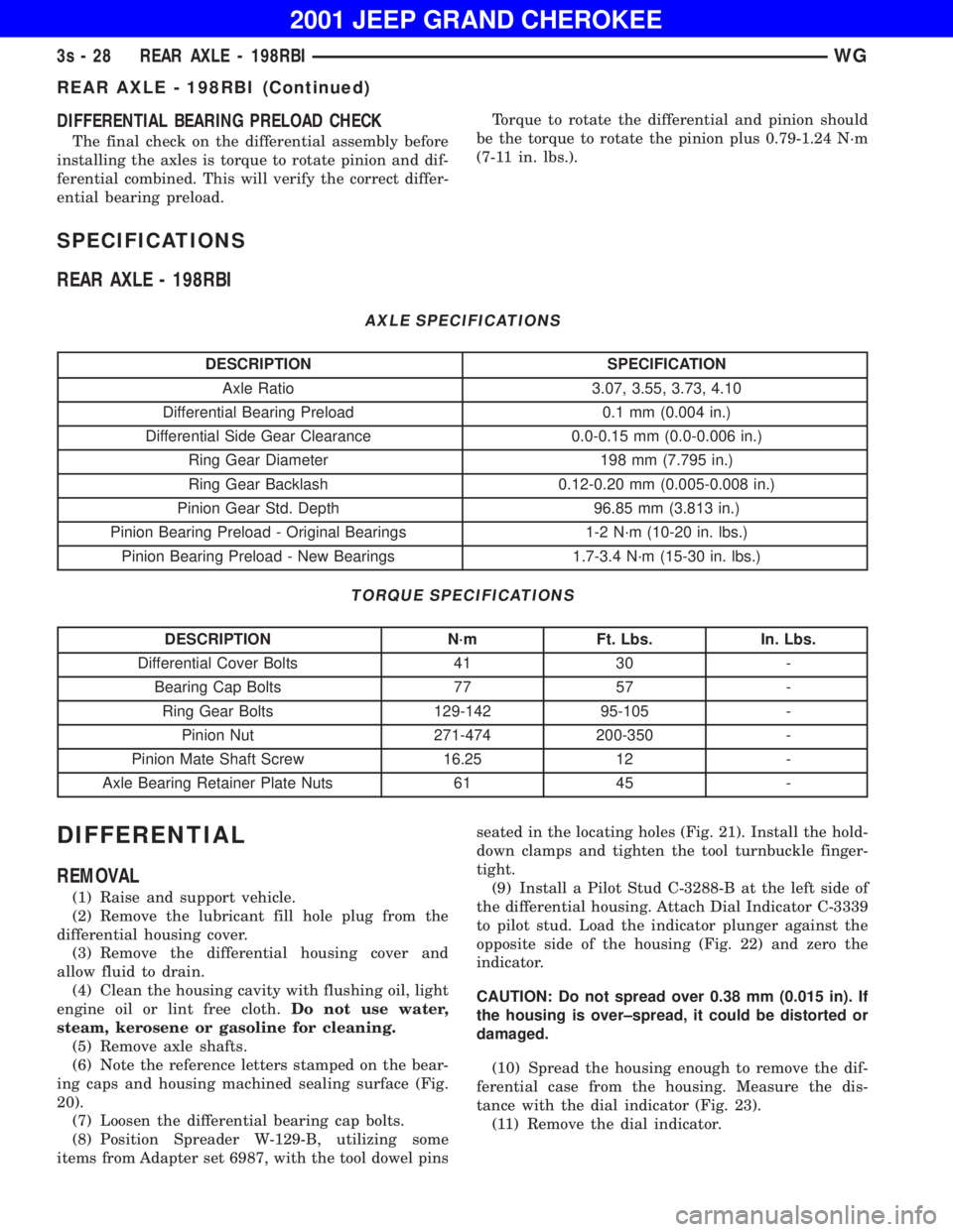 JEEP GRAND CHEROKEE 2001 Service Manual REAR AXLE - 198RBI (Continued) JEEP GRAND CHEROKEE 2001 Service Manual REAR AXLE - 198RBI (Continued)
