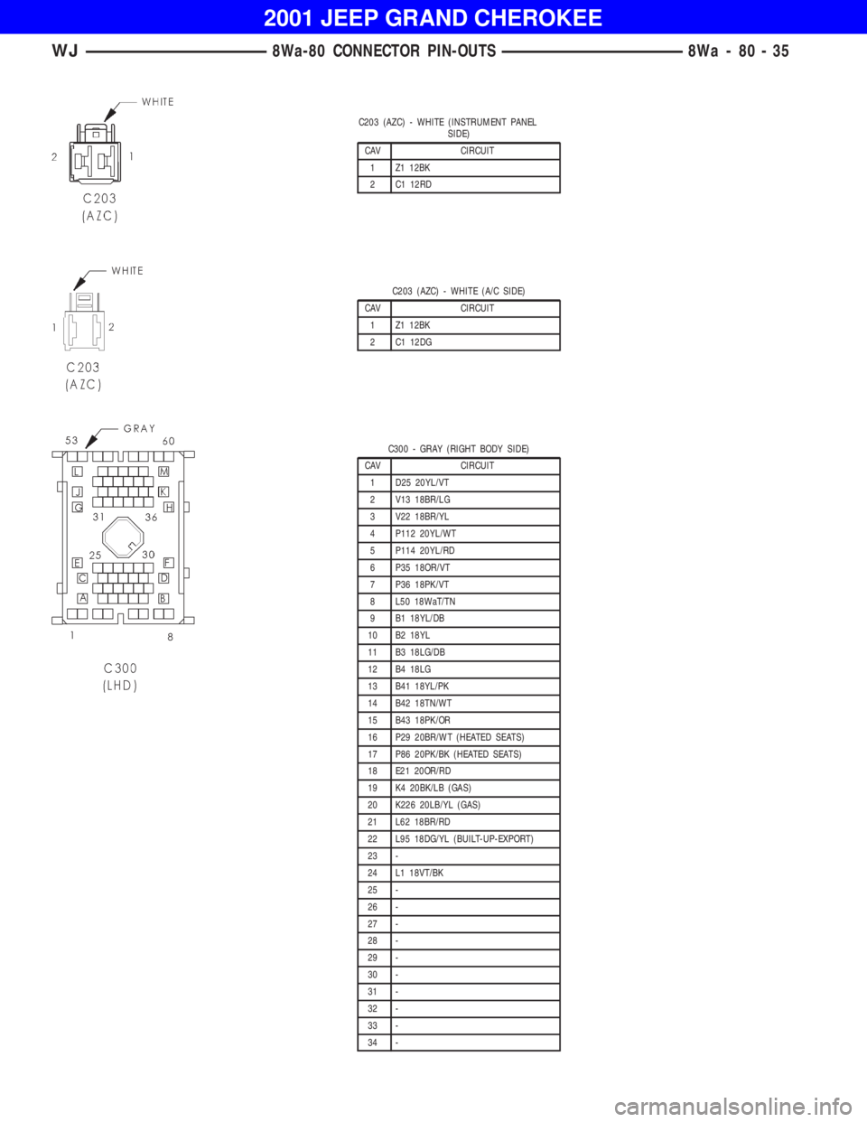 JEEP GRAND CHEROKEE 2001 Owners Manual C203 (AZC) - WHITE (A/C SIDE)
CAV CIRCUIT
1 Z1 12BK
2 C1 12DG
C300 - GRAY (RIGHT BODY SIDE)
CAV CIRCUIT
1 D25 20YL/VT
2 V13 18BR/LG
3 V22 18BR/YL
4 P112 20YL/WT
5 P114 20YL/RD
6 P35 18OR/VT
7 P36 18PK JEEP GRAND CHEROKEE 2001 Owners Manual C203 (AZC) - WHITE (A/C SIDE)
CAV CIRCUIT
1 Z1 12BK
2 C1 12DG
C300 - GRAY (RIGHT BODY SIDE)
CAV CIRCUIT
1 D25 20YL/VT
2 V13 18BR/LG
3 V22 18BR/YL
4 P112 20YL/WT
5 P114 20YL/RD
6 P35 18OR/VT
7 P36 18PK