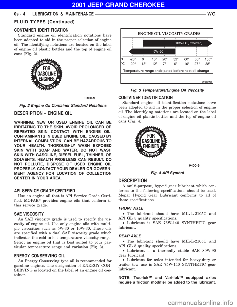 JEEP GRAND CHEROKEE 2001 Owners Manual Fig. 2 Engine Oil Container Standard Notations
Fig. 3 Temperature/Engine Oil Viscosity
Fig. 4 API Symbol
0s - 4 LUBRICATION & MAINTENANCEWG
FLUID TYPES (Continued) JEEP GRAND CHEROKEE 2001 Owners Manual Fig. 2 Engine Oil Container Standard Notations
Fig. 3 Temperature/Engine Oil Viscosity
Fig. 4 API Symbol
0s - 4 LUBRICATION & MAINTENANCEWG
FLUID TYPES (Continued)