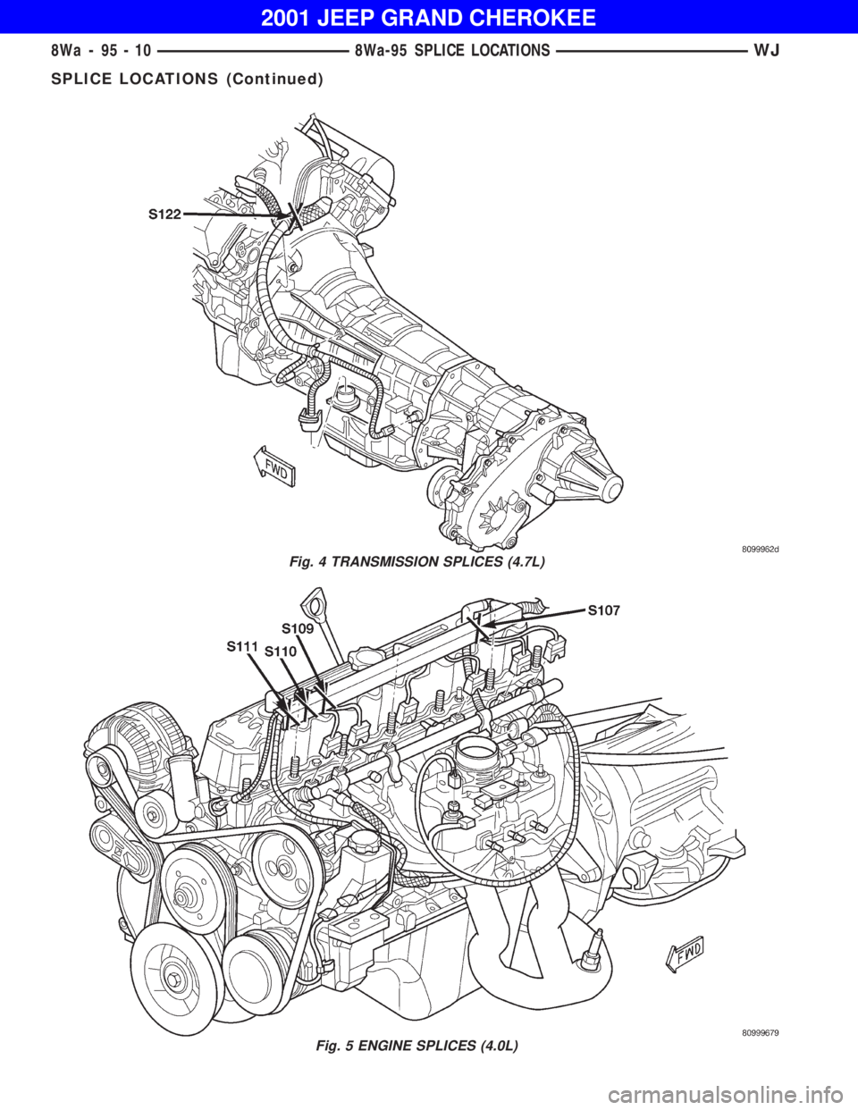 JEEP GRAND CHEROKEE 2001 Owners Manual Fig. 5 ENGINE SPLICES (4.0L)
8Wa - 95 - 10 8Wa-95 SPLICE LOCATIONSWJ
SPLICE LOCATIONS (Continued) JEEP GRAND CHEROKEE 2001 Owners Manual Fig. 5 ENGINE SPLICES (4.0L)
8Wa - 95 - 10 8Wa-95 SPLICE LOCATIONSWJ
SPLICE LOCATIONS (Continued)