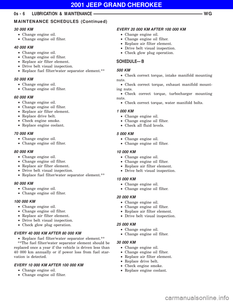 JEEP GRAND CHEROKEE 2001 Owners Manual MAINTENANCE SCHEDULES (Continued) JEEP GRAND CHEROKEE 2001 Owners Manual MAINTENANCE SCHEDULES (Continued)