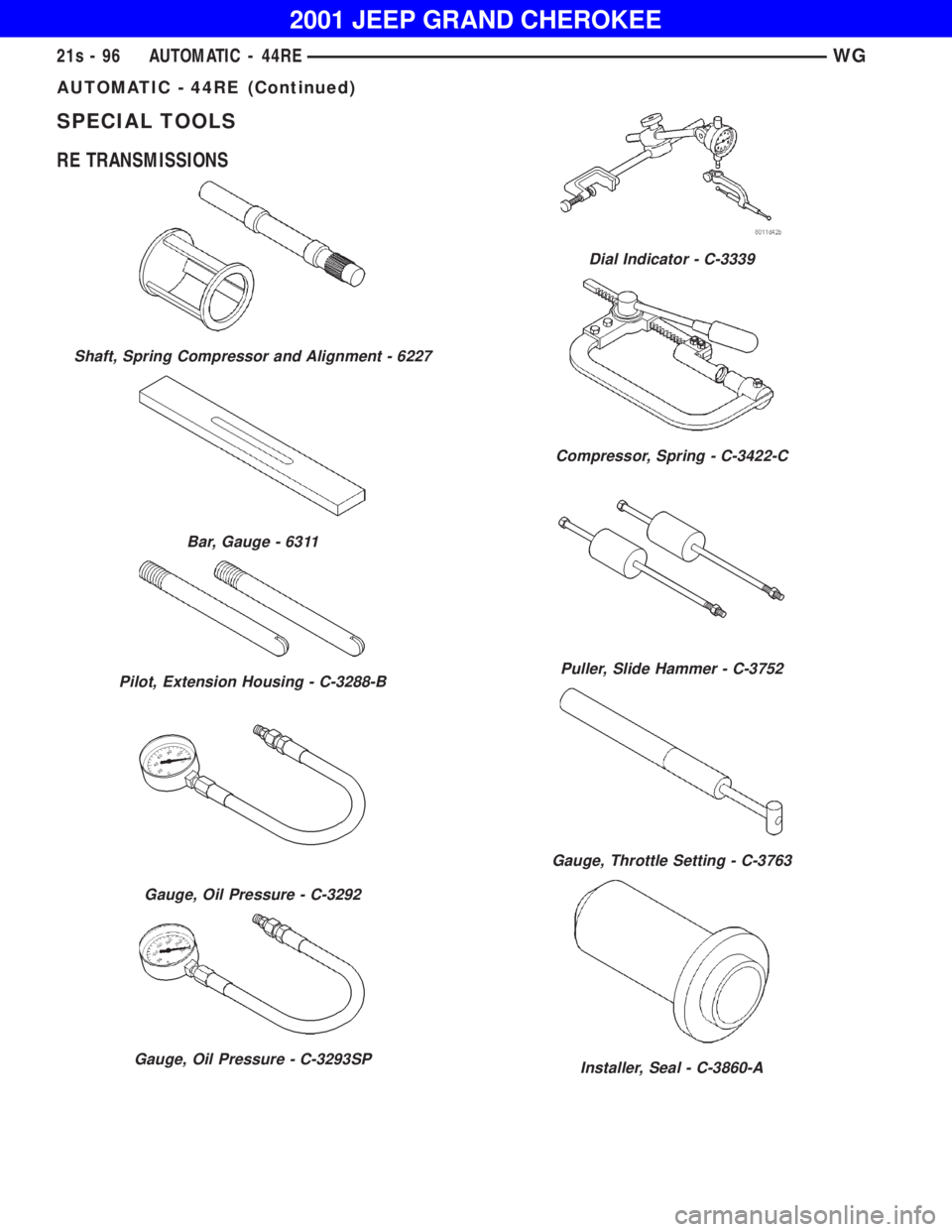 JEEP GRAND CHEROKEE 2001  Owners Manual Bar, Gauge - 6311
Pilot, Extension Housing - C-3288-B
Gauge, Oil Pressure - C-3292
Gauge, Oil Pressure - C-3293SP
Dial Indicator - C-3339
Compressor, Spring - C-3422-C
Puller, Slide Hammer - C-3752
Ga