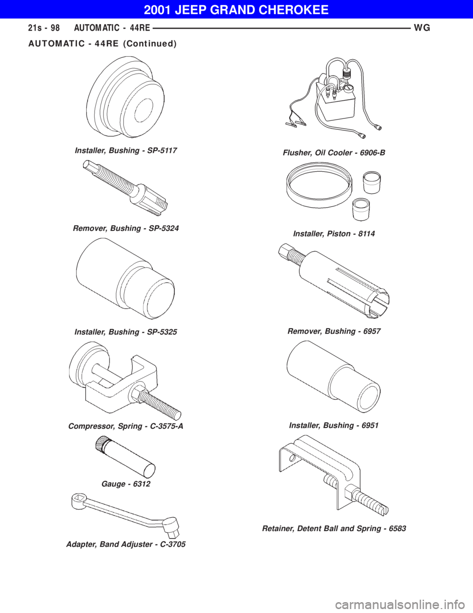 JEEP GRAND CHEROKEE 2001  Owners Manual Remover, Bushing - SP-5324
Installer, Bushing - SP-5325
Compressor, Spring - C-3575-A
Gauge - 6312
Adapter, Band Adjuster - C-3705
Flusher, Oil Cooler - 6906-B
Installer, Piston - 8114
Remover, Bushin