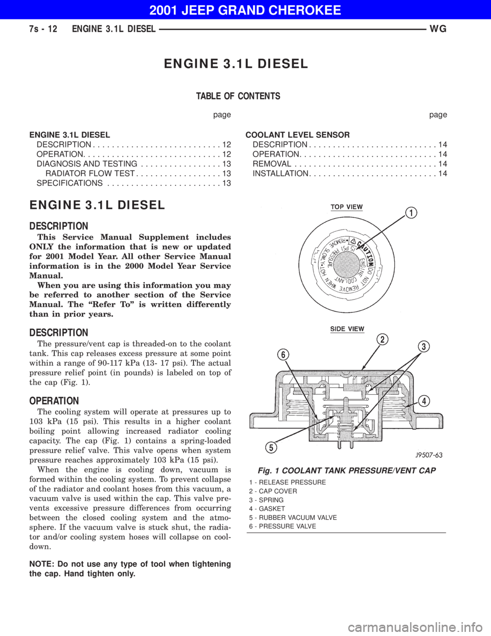JEEP GRAND CHEROKEE 2001 Manual Online Fig. 1 COOLANT TANK PRESSURE/VENT CAP JEEP GRAND CHEROKEE 2001 Manual Online Fig. 1 COOLANT TANK PRESSURE/VENT CAP