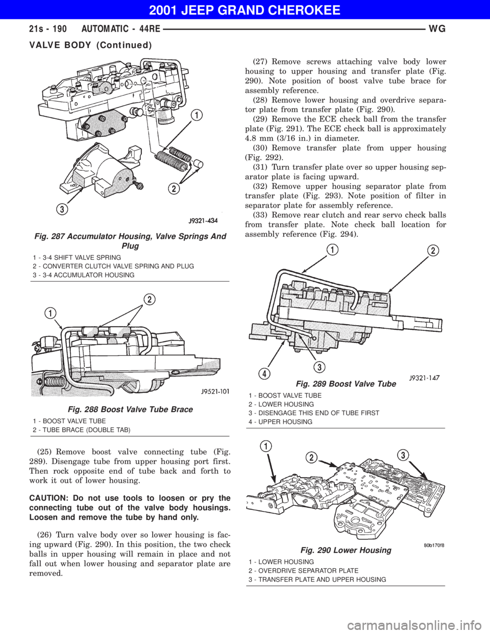 JEEP GRAND CHEROKEE 2001  Owners Manual VALVE BODY (Continued) 