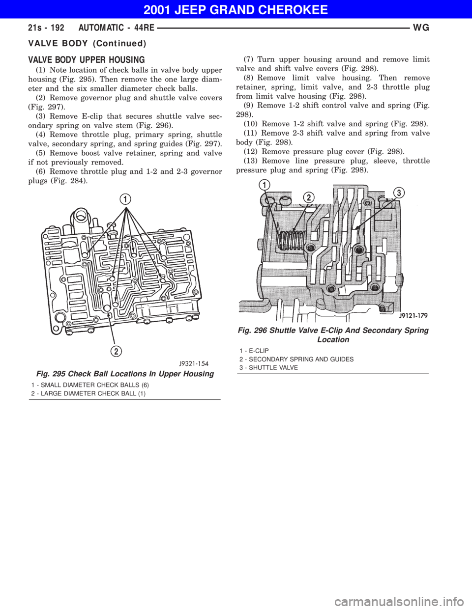 JEEP GRAND CHEROKEE 2001  Owners Manual VALVE BODY (Continued) 