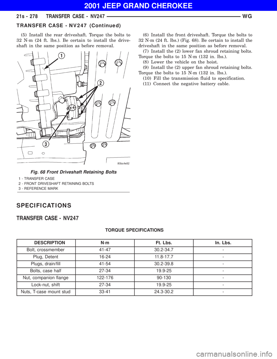JEEP GRAND CHEROKEE 2001 Owners Manual DESCRIPTION N´m Ft. Lbs. In. Lbs.
Bolt, crossmember 41-47 30.2-34.7 -
Plug, Detent 16-24 11.8-17.7 -
Plugs, drain/fill 41-54 30.2-39.8 -
Bolts, case half 27-34 19.9-25 -
Nut, companion flange 122-176 JEEP GRAND CHEROKEE 2001 Owners Manual DESCRIPTION N´m Ft. Lbs. In. Lbs.
Bolt, crossmember 41-47 30.2-34.7 -
Plug, Detent 16-24 11.8-17.7 -
Plugs, drain/fill 41-54 30.2-39.8 -
Bolts, case half 27-34 19.9-25 -
Nut, companion flange 122-176