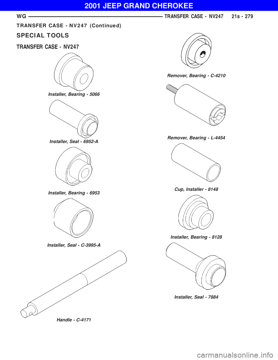 JEEP GRAND CHEROKEE 2001 Owners Manual Installer, Seal - 6952-A
Installer, Bearing - 6953
Installer, Seal - C-3995-A
Handle - C-4171
Remover, Bearing - C-4210
Remover, Bearing - L-4454
Cup, Installer - 8148
Installer, Bearing - 8128
Instal JEEP GRAND CHEROKEE 2001 Owners Manual Installer, Seal - 6952-A
Installer, Bearing - 6953
Installer, Seal - C-3995-A
Handle - C-4171
Remover, Bearing - C-4210
Remover, Bearing - L-4454
Cup, Installer - 8148
Installer, Bearing - 8128
Instal