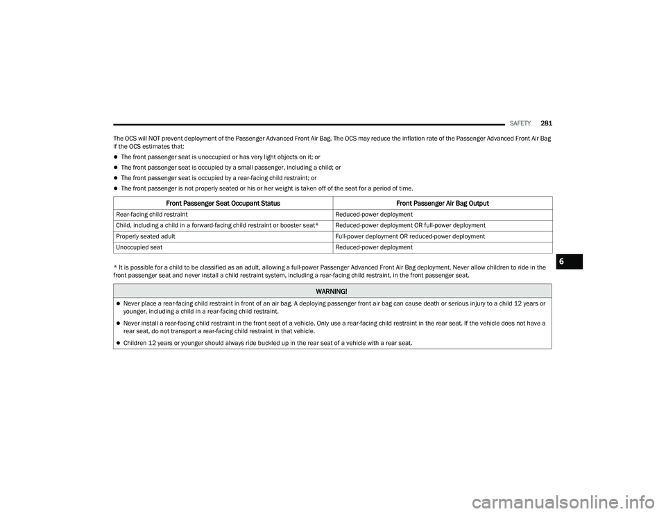 JEEP GRAND CHEROKEE LIMITED 2022  Owners Manual W�$�5N�,N�*�
Never place a rear-facing child restraint in front of an air bag. A deploying passenger front air bag can cause death or serious injury to a child 12 years or 
younger, including a ch