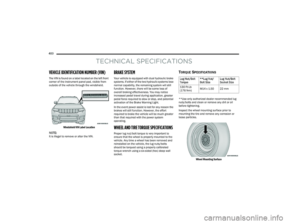 JEEP GRAND CHEROKEE LIMITED 2022  Owners Manual 
Lug Nut/Bolt 
Torque**Lug Nut/
Bolt SizeLug Nut/Bolt 
Socket Size
130 Ft-Lb 
(176 N·myf M14 x 1.50 22 mm 