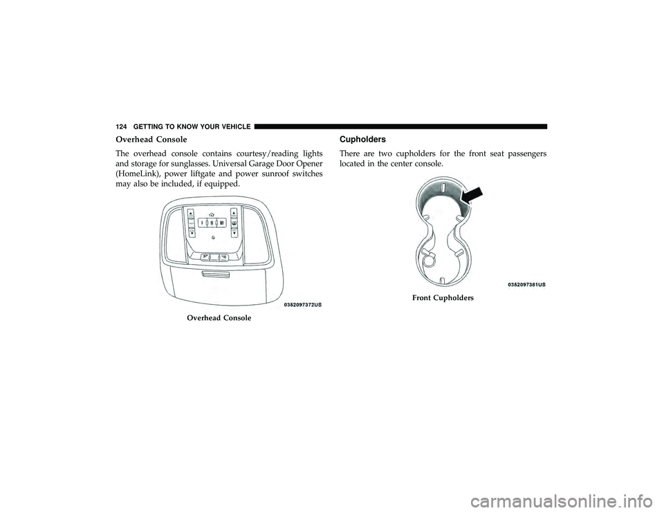 JEEP GRAND CHEROKEE LIMITED 2019  Owners Manual Overhead Console
The overhead console contains courtesy/reading lights
and storage for sunglasses. Universal Garage Door Opener
(HomeLink), power liftgate and power sunroof switches
may also be includ