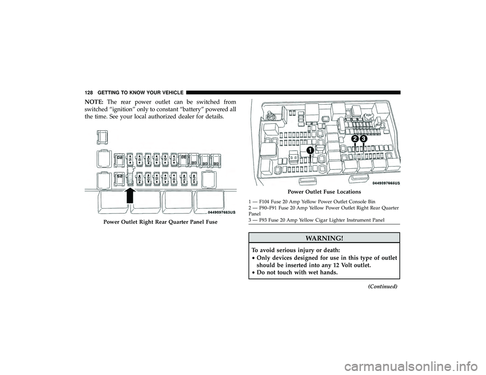 JEEP GRAND CHEROKEE LIMITED 2019  Owners Manual NOTE:The rear power outlet can be switched from
switched “ignition” only to constant “battery” powered all
the time. See your local authorized dealer for details.
Power Outlet Fuse Locations 