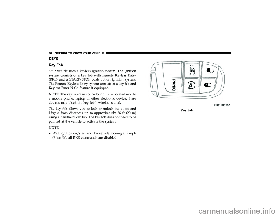 JEEP GRAND CHEROKEE LIMITED 2019 Owners Manual KEYS
Key Fob
Your vehicle uses a keyless ignition system. The ignition
system consists of a key fob with Remote Keyless Entry
(RKE) and a START/STOP push button ignition system.
The Remote Keyless Ent