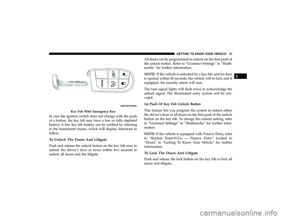 JEEP GRAND CHEROKEE LIMITED 2019 Owners Manual In case the ignition switch does not change with the push
of a button, the key fob may have a low or fully depleted
battery. A low key fob battery can be verified by referring
to the instrument cluste
