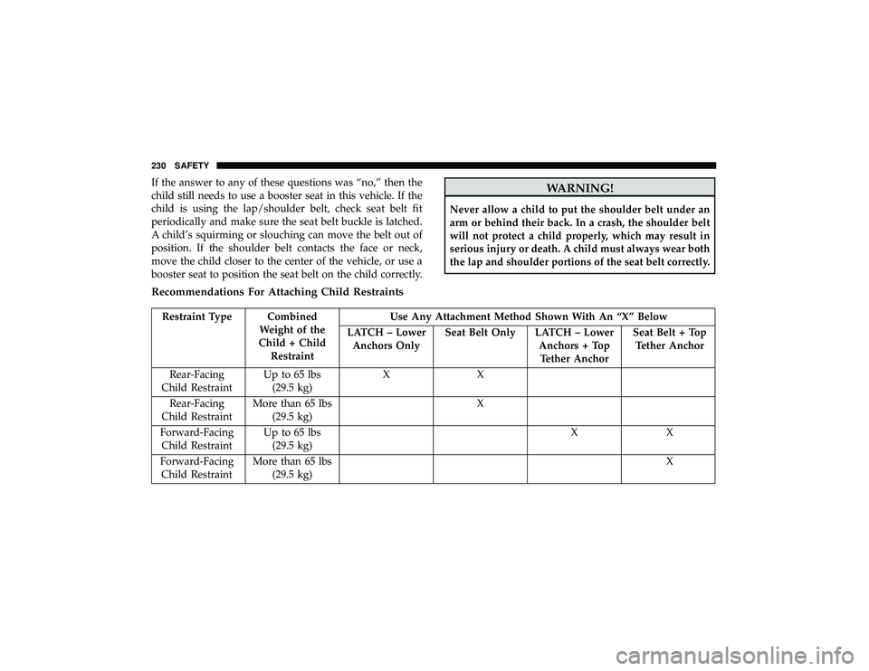 JEEP GRAND CHEROKEE LIMITED 2019 Owners Manual If the answer to any of these questions was “no,” then the
child still needs to use a booster seat in this vehicle. If the
child is using the lap/shoulder belt, check seat belt fit
periodically an JEEP GRAND CHEROKEE LIMITED 2019 Owners Manual If the answer to any of these questions was “no,” then the
child still needs to use a booster seat in this vehicle. If the
child is using the lap/shoulder belt, check seat belt fit
periodically an