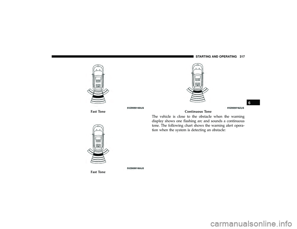 JEEP GRAND CHEROKEE LIMITED 2019 Owners Manual The vehicle is close to the obstacle when the warning
display shows one flashing arc and sounds a continuous
tone. The following chart shows the warning alert opera-
tion when the system is detecting JEEP GRAND CHEROKEE LIMITED 2019 Owners Manual The vehicle is close to the obstacle when the warning
display shows one flashing arc and sounds a continuous
tone. The following chart shows the warning alert opera-
tion when the system is detecting