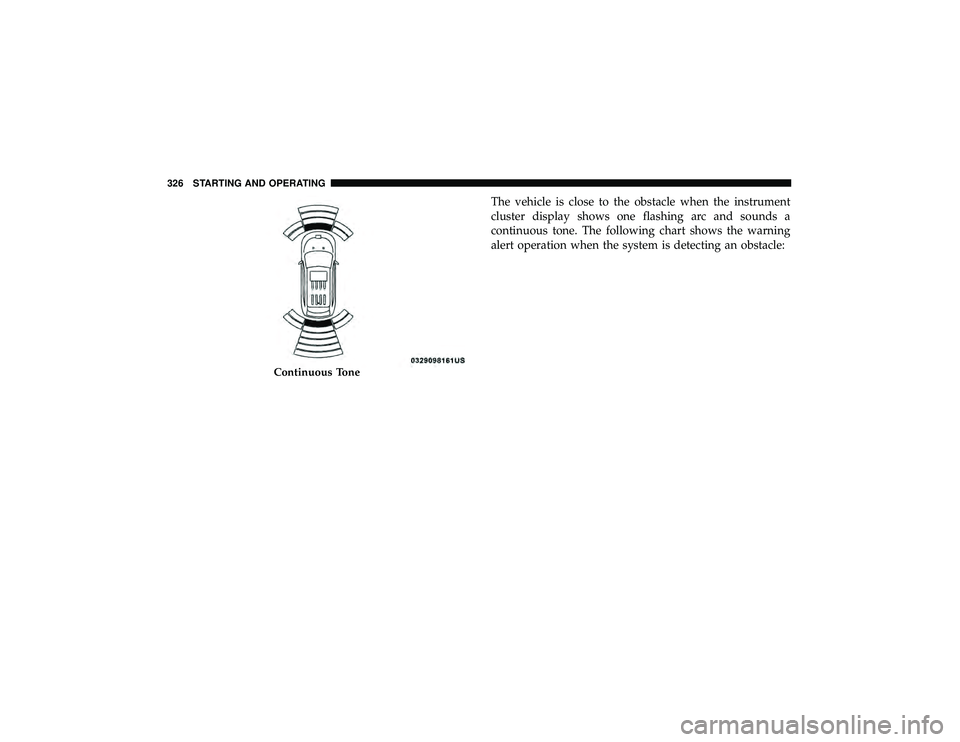 JEEP GRAND CHEROKEE LIMITED 2019 Owners Manual The vehicle is close to the obstacle when the instrument
cluster display shows one flashing arc and sounds a
continuous tone. The following chart shows the warning
alert operation when the system is d JEEP GRAND CHEROKEE LIMITED 2019 Owners Manual The vehicle is close to the obstacle when the instrument
cluster display shows one flashing arc and sounds a
continuous tone. The following chart shows the warning
alert operation when the system is d