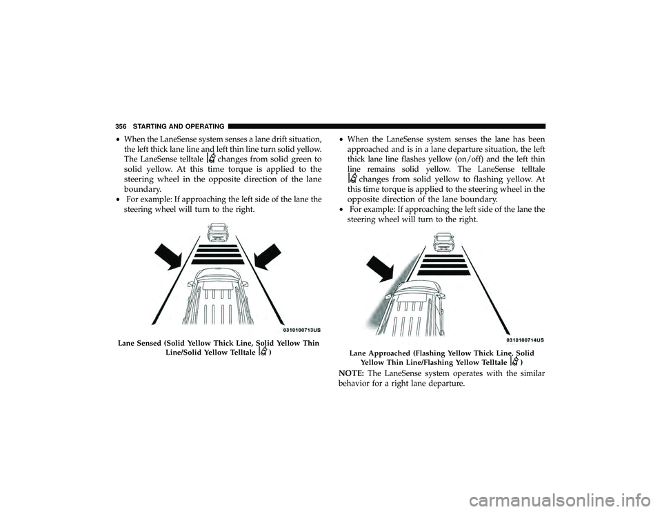 JEEP GRAND CHEROKEE LIMITED 2019  Owners Manual •When the LaneSense system senses a lane drift situation,
the left thick lane line and left thin line turn solid yellow.
The LaneSense telltale
changes from solid green to
solid yellow. At this time JEEP GRAND CHEROKEE LIMITED 2019  Owners Manual •When the LaneSense system senses a lane drift situation,
the left thick lane line and left thin line turn solid yellow.
The LaneSense telltale
changes from solid green to
solid yellow. At this time
