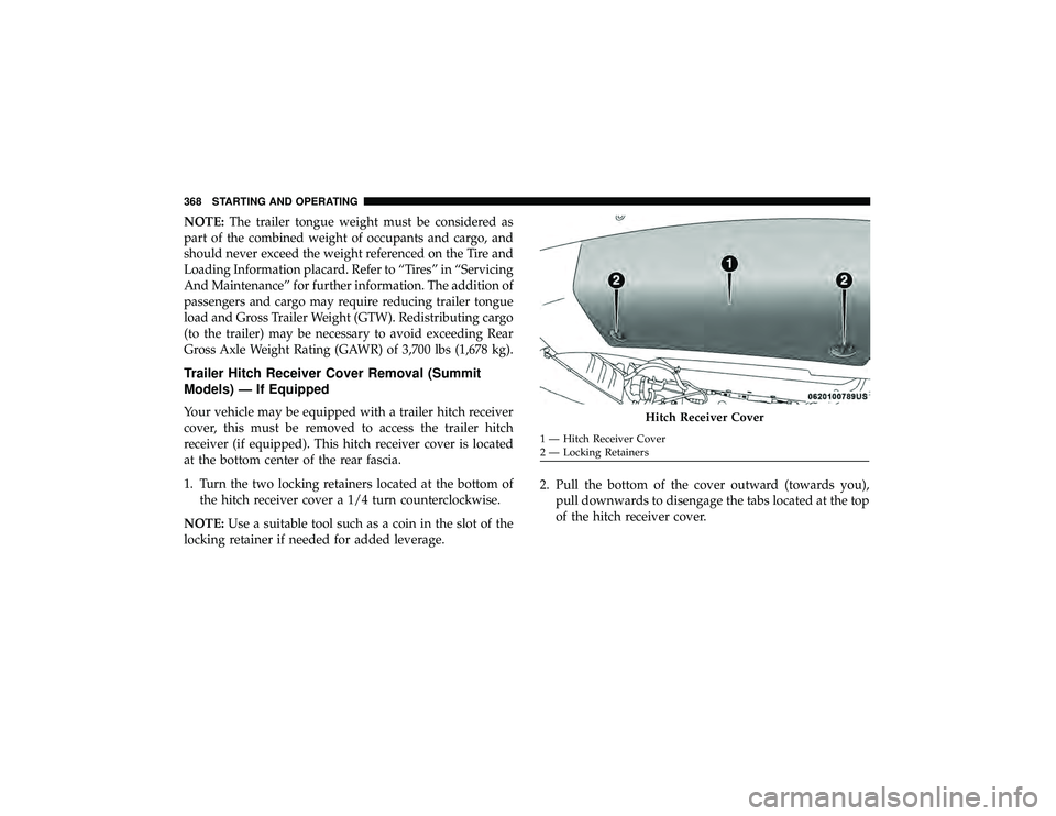 JEEP GRAND CHEROKEE LIMITED 2019  Owners Manual NOTE:The trailer tongue weight must be considered as
part of the combined weight of occupants and cargo, and
should never exceed the weight referenced on the Tire and
Loading Information placard. Refe