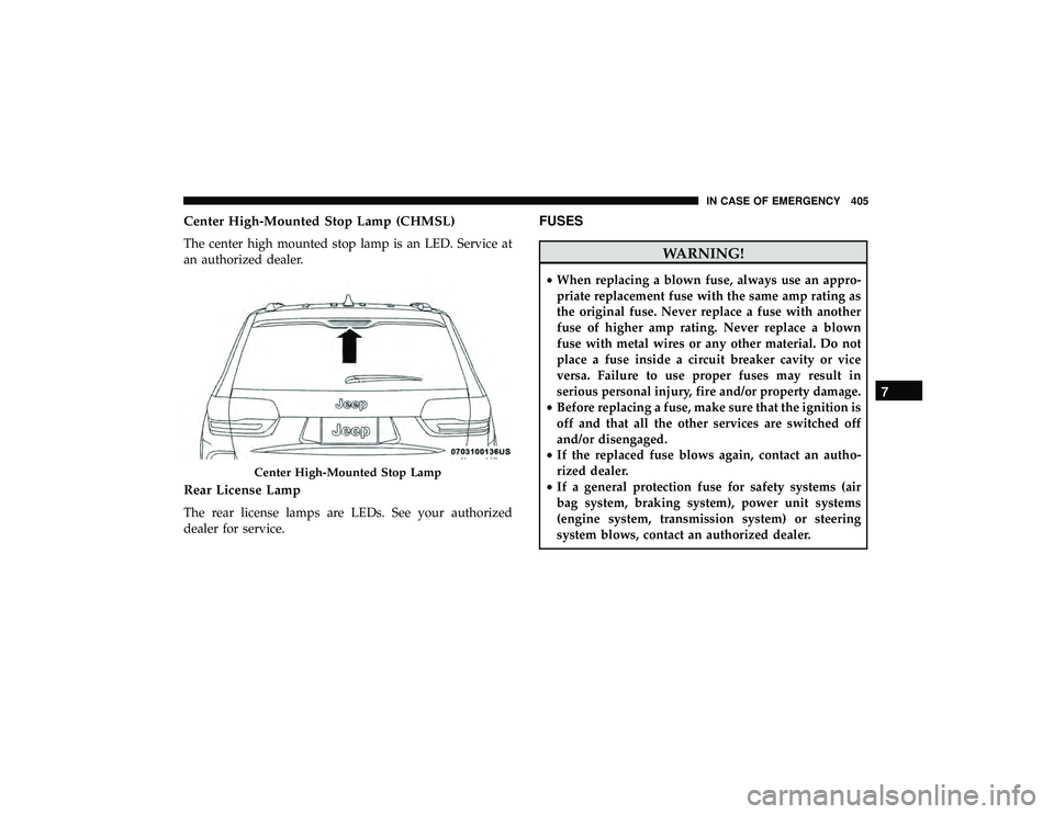 JEEP GRAND CHEROKEE LIMITED 2019  Owners Manual Center High-Mounted Stop Lamp (CHMSL)
The center high mounted stop lamp is an LED. Service at
an authorized dealer.
Rear License Lamp
The rear license lamps are LEDs. See your authorized
dealer for se