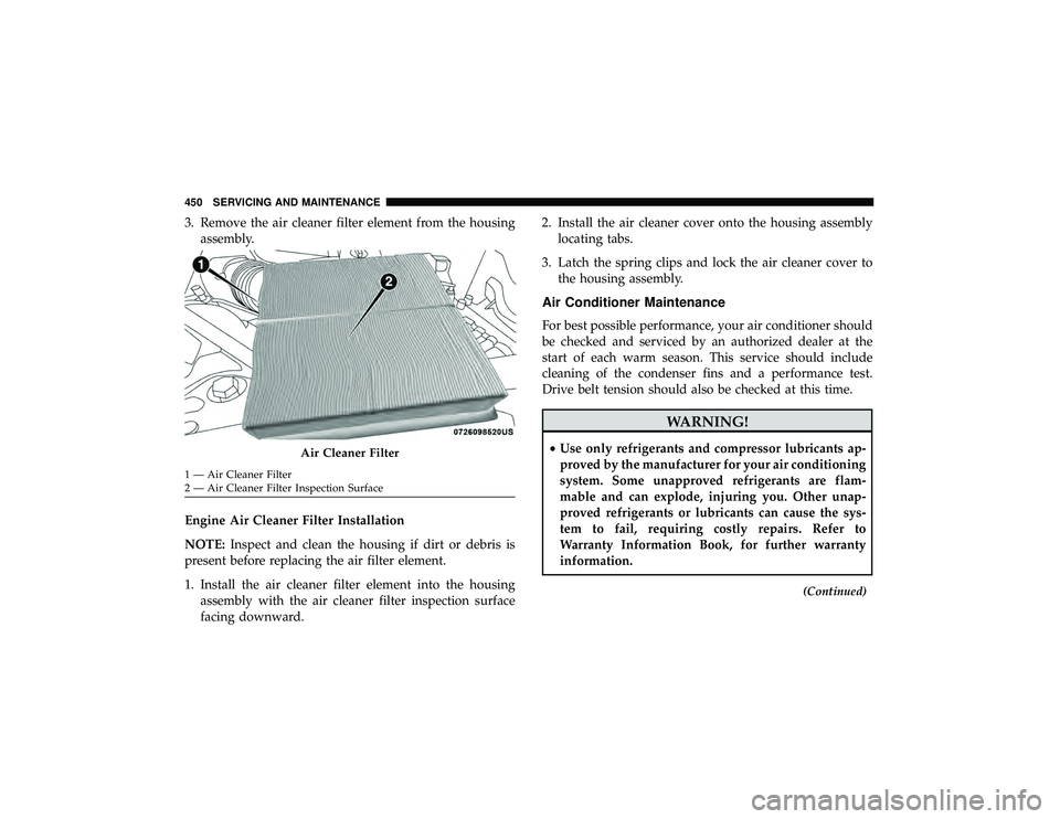 JEEP GRAND CHEROKEE LIMITED 2019  Owners Manual 3. Remove the air cleaner filter element from the housingassembly.
Engine Air Cleaner Filter Installation
NOTE: Inspect and clean the housing if dirt or debris is
present before replacing the air filt