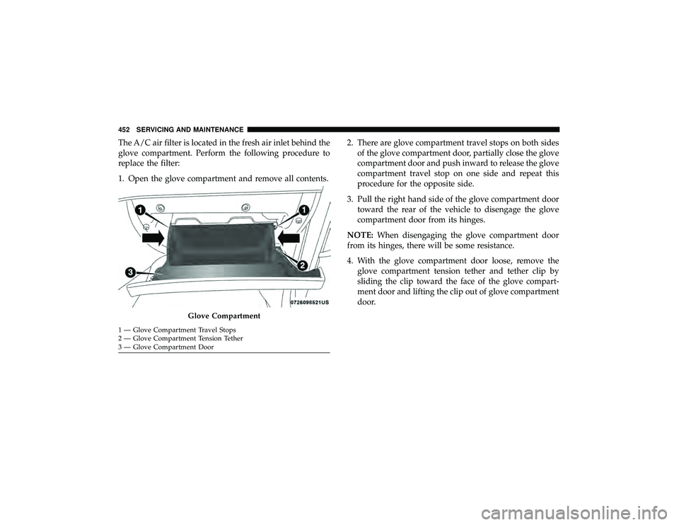 JEEP GRAND CHEROKEE LIMITED 2019  Owners Manual The A/C air filter is located in the fresh air inlet behind the
glove compartment. Perform the following procedure to
replace the filter:
1. Open the glove compartment and remove all contents.2. There