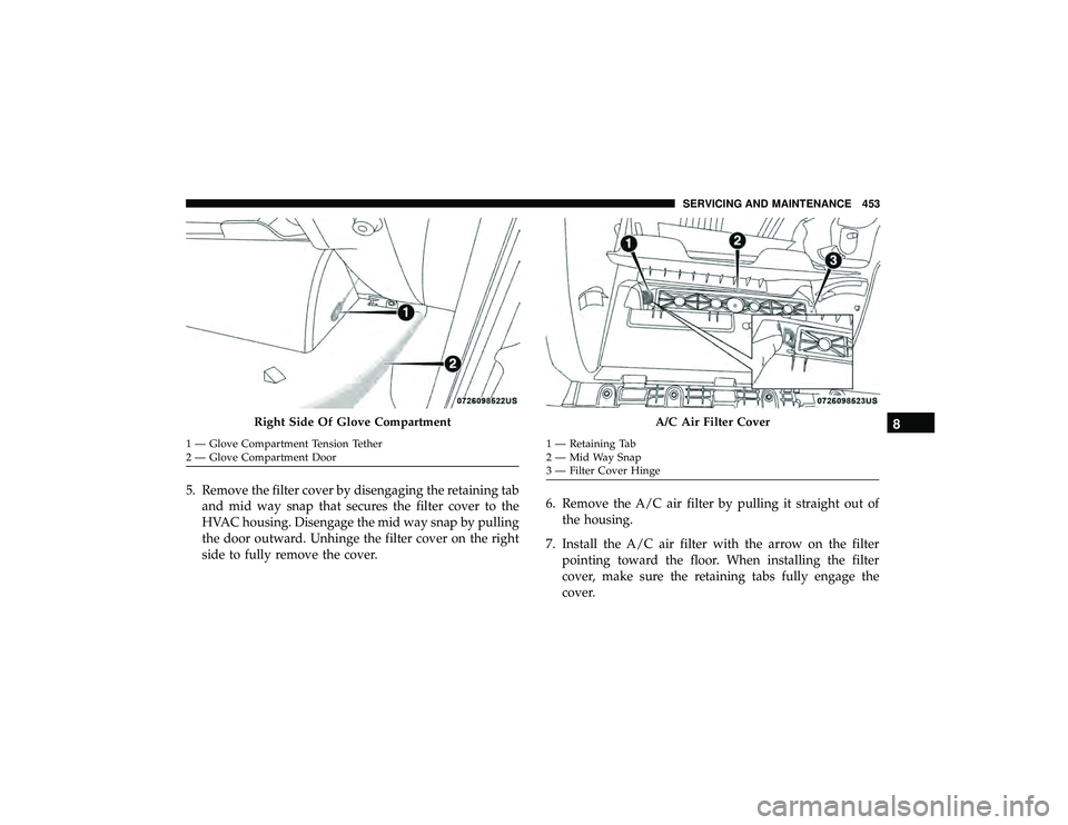 JEEP GRAND CHEROKEE LIMITED 2019  Owners Manual 5. Remove the filter cover by disengaging the retaining taband mid way snap that secures the filter cover to the
HVAC housing. Disengage the mid way snap by pulling
the door outward. Unhinge the filte