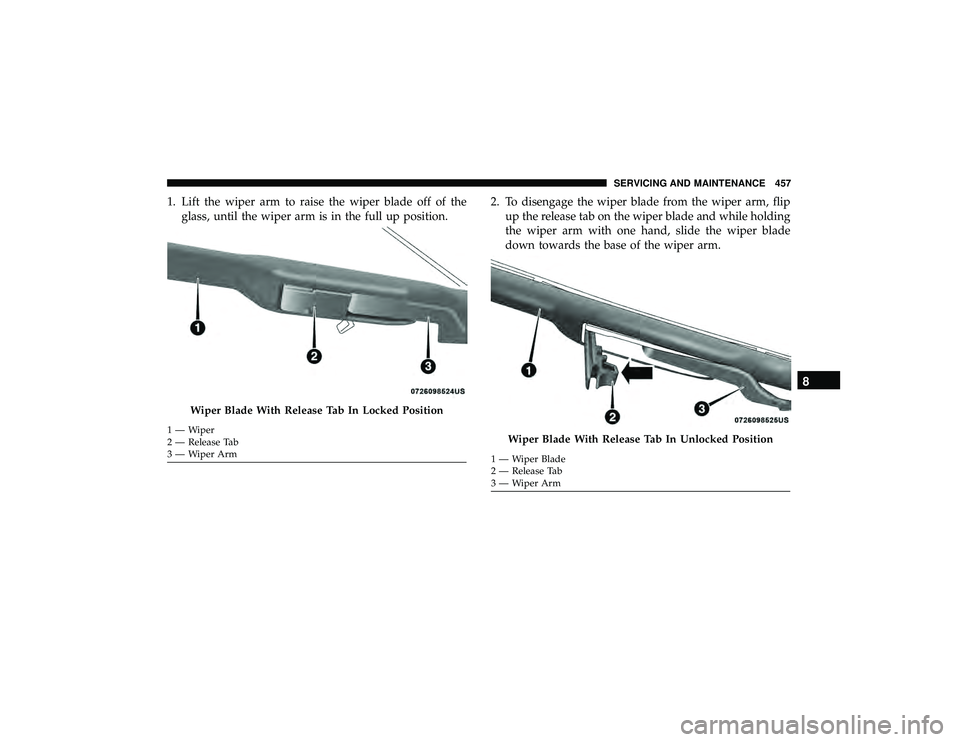 JEEP GRAND CHEROKEE LIMITED 2019  Owners Manual 1. Lift the wiper arm to raise the wiper blade off of theglass, until the wiper arm is in the full up position. 2. To disengage the wiper blade from the wiper arm, flip
up the release tab on the wiper