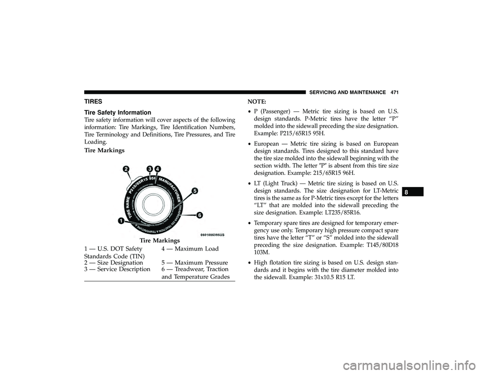 JEEP GRAND CHEROKEE LIMITED 2019  Owners Manual TIRES
Tire Safety Information
Tire safety information will cover aspects of the following
information: Tire Markings, Tire Identification Numbers,
Tire Terminology and Definitions, Tire Pressures, and