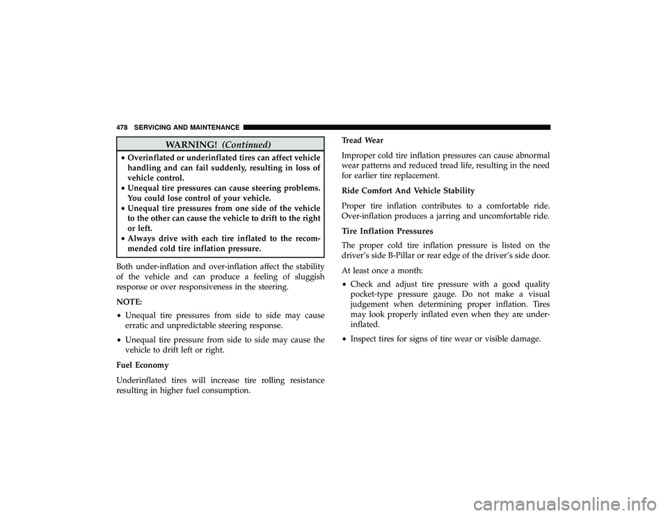 JEEP GRAND CHEROKEE LIMITED 2019  Owners Manual WARNING!(Continued)
•Overinflated or underinflated tires can affect vehicle
handling and can fail suddenly, resulting in loss of
vehicle control.
• Unequal tire pressures can cause steering proble