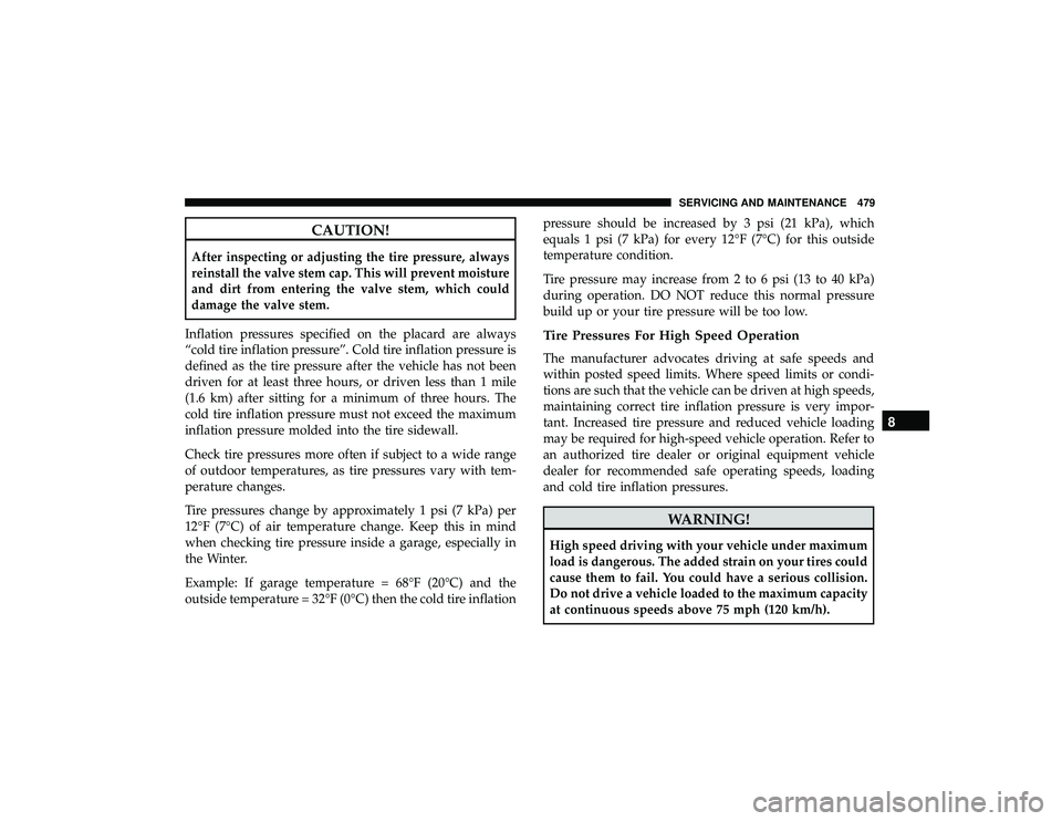 JEEP GRAND CHEROKEE LIMITED 2019 Owners Manual CAUTION!
After inspecting or adjusting the tire pressure, always
reinstall the valve stem cap. This will prevent moisture
and dirt from entering the valve stem, which could
damage the valve stem.
Infl JEEP GRAND CHEROKEE LIMITED 2019 Owners Manual CAUTION!
After inspecting or adjusting the tire pressure, always
reinstall the valve stem cap. This will prevent moisture
and dirt from entering the valve stem, which could
damage the valve stem.
Infl