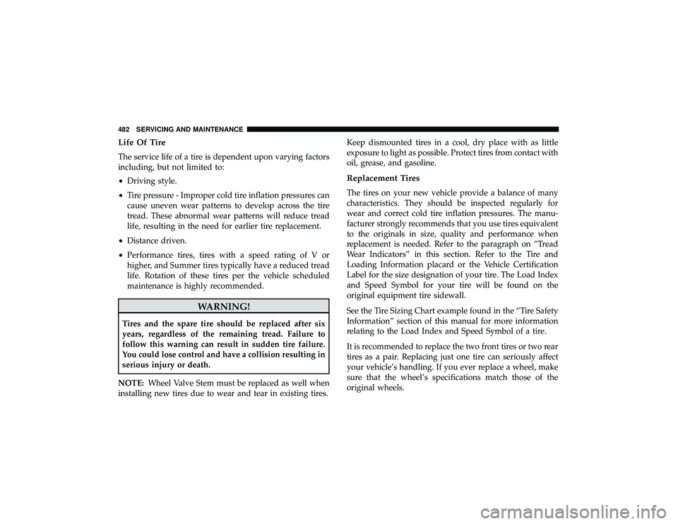 JEEP GRAND CHEROKEE LIMITED 2019 Owners Manual Life Of Tire
The service life of a tire is dependent upon varying factors
including, but not limited to:
•Driving style.
• Tire pressure - Improper cold tire inflation pressures can
cause uneven w JEEP GRAND CHEROKEE LIMITED 2019 Owners Manual Life Of Tire
The service life of a tire is dependent upon varying factors
including, but not limited to:
•Driving style.
• Tire pressure - Improper cold tire inflation pressures can
cause uneven w