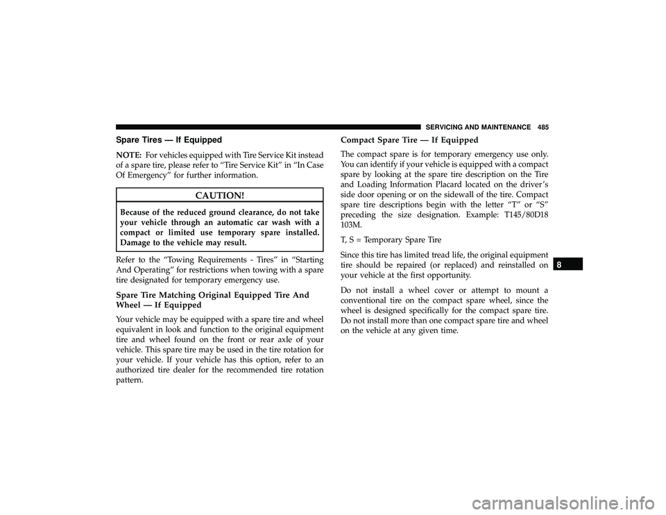 JEEP GRAND CHEROKEE LIMITED 2019 Owners Manual Spare Tires — If Equipped
NOTE:For vehicles equipped with Tire Service Kit instead
of a spare tire, please refer to “Tire Service Kit” in “In Case
Of Emergency” for further information. JEEP GRAND CHEROKEE LIMITED 2019 Owners Manual Spare Tires — If Equipped
NOTE:For vehicles equipped with Tire Service Kit instead
of a spare tire, please refer to “Tire Service Kit” in “In Case
Of Emergency” for further information.
