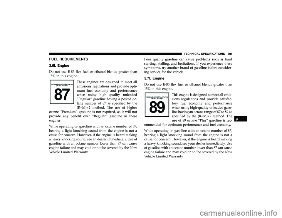 JEEP GRAND CHEROKEE LIMITED 2019 Owners Manual FUEL REQUIREMENTS
3.6L Engine
Do not use E-85 flex fuel or ethanol blends greater than
15% in this engine.These engines are designed to meet all
emissions regulations and provide opti-
mum fuel econom JEEP GRAND CHEROKEE LIMITED 2019 Owners Manual FUEL REQUIREMENTS
3.6L Engine
Do not use E-85 flex fuel or ethanol blends greater than
15% in this engine.These engines are designed to meet all
emissions regulations and provide opti-
mum fuel econom