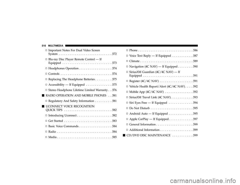 JEEP GRAND CHEROKEE LIMITED 2019 Owners Manual ▫Important Notes For Dual Video Screen
System ............................. .572
▫ Blu-ray Disc Player Remote Control — If
Equipped ........................... .573
▫ Headphones Operation .... JEEP GRAND CHEROKEE LIMITED 2019 Owners Manual ▫Important Notes For Dual Video Screen
System ............................. .572
▫ Blu-ray Disc Player Remote Control — If
Equipped ........................... .573
▫ Headphones Operation ....