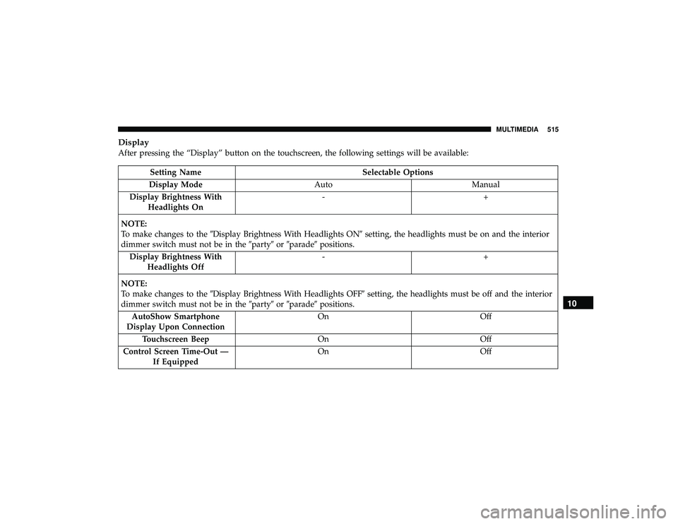 JEEP GRAND CHEROKEE LIMITED 2019  Owners Manual Display
After pressing the “Display” button on the touchscreen, the following settings will be available: 