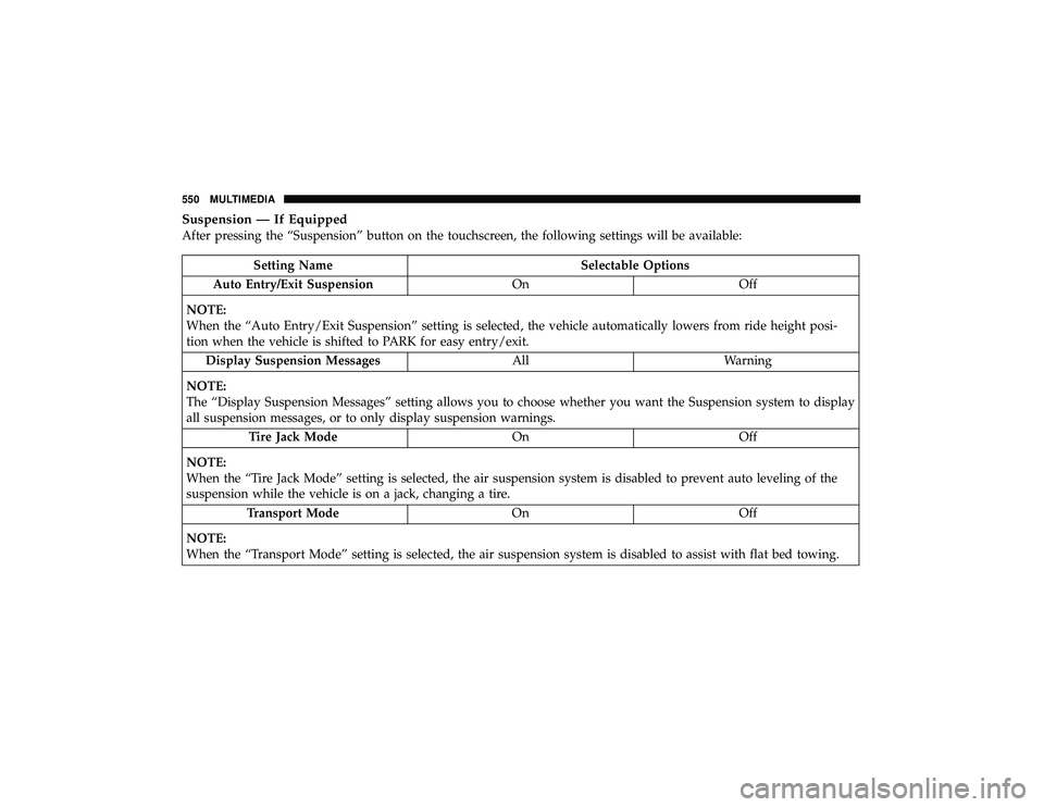 JEEP GRAND CHEROKEE LIMITED 2019  Owners Manual Suspension — If Equipped
After pressing the “Suspension” button on the touchscreen, the following settings will be available: 