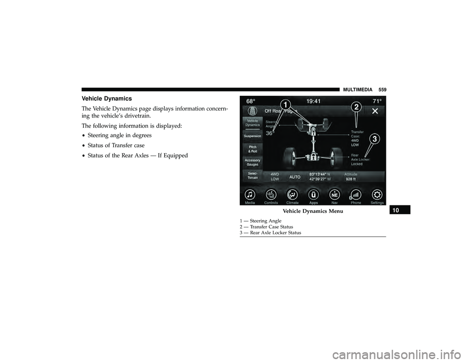 JEEP GRAND CHEROKEE LIMITED 2019  Owners Manual Vehicle Dynamics
The Vehicle Dynamics page displays information concern-
ing the vehicle’s drivetrain.
The following information is displayed:
•Steering angle in degrees
• Status of Transfer cas