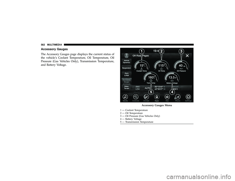 JEEP GRAND CHEROKEE LIMITED 2019  Owners Manual Accessory Gauges
The Accessory Gauges page displays the current status of
the vehicle’s Coolant Temperature, Oil Temperature, Oil
Pressure (Gas Vehicles Only), Transmission Temperature,
and Battery 