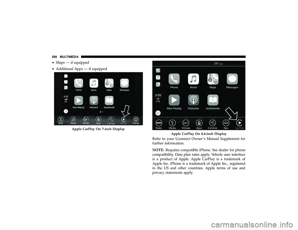 JEEP GRAND CHEROKEE LIMITED 2019 Owners Manual •Maps — if equipped
• Additional Apps — if equipped
Refer to your Uconnect Owner ’s Manual Supplement for
further information.
NOTE:Requires compatible iPhone. See dealer for phone
compatibi JEEP GRAND CHEROKEE LIMITED 2019 Owners Manual •Maps — if equipped
• Additional Apps — if equipped
Refer to your Uconnect Owner ’s Manual Supplement for
further information.
NOTE:Requires compatible iPhone. See dealer for phone
compatibi